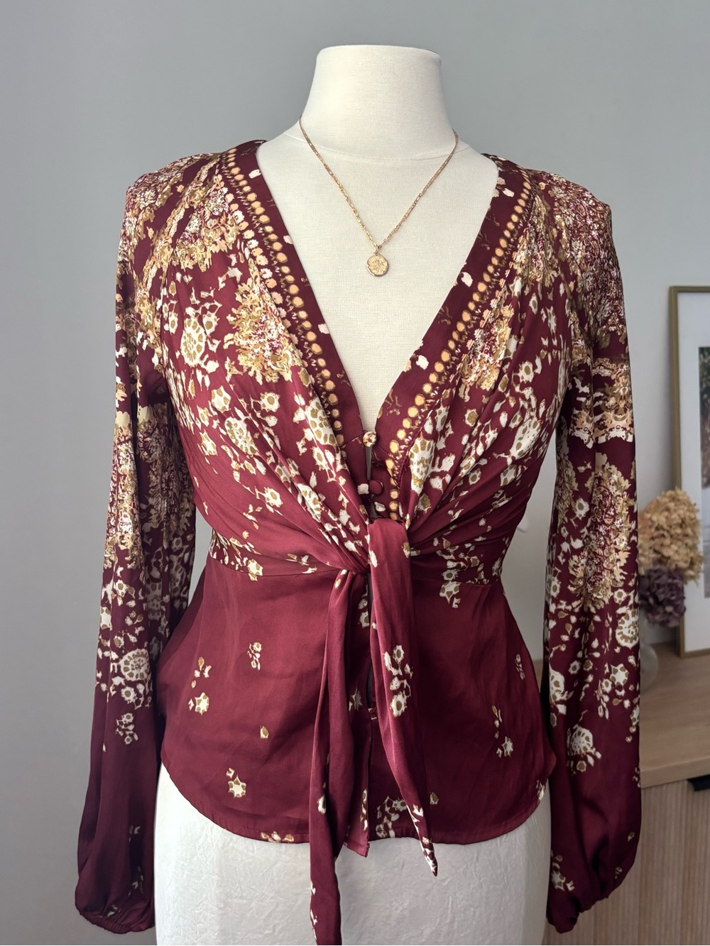 FREE PEOPLE Gold & Burgundy Run Free Long Bell Sleeve Top - SIZE XS